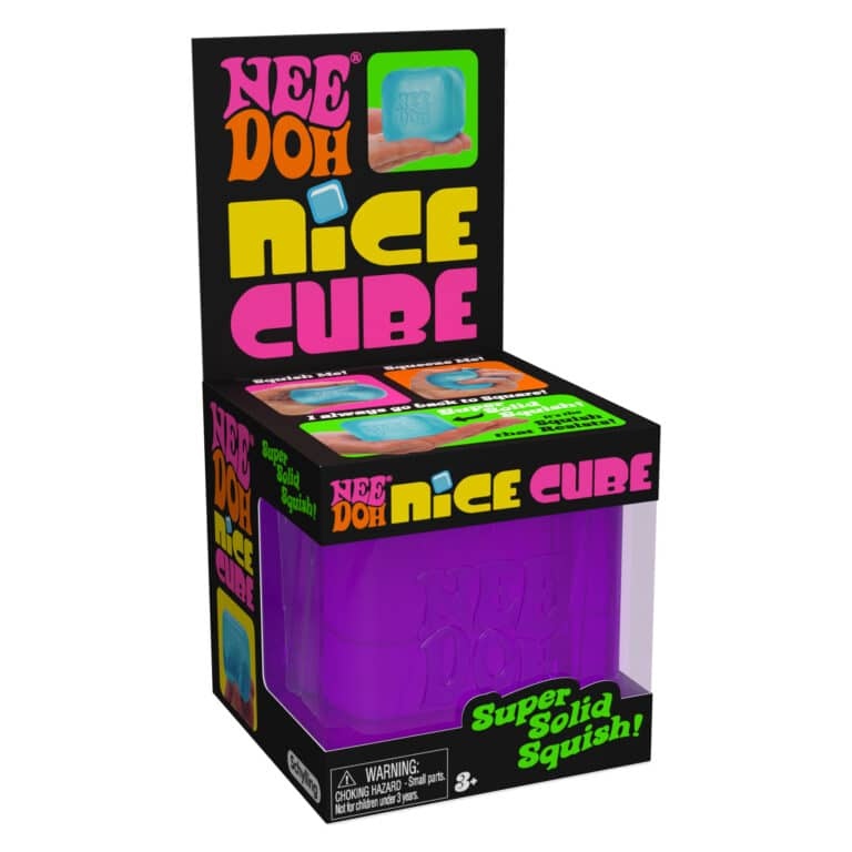 Purple semi-transparent square NeeDoh Nice Cube stress reliever with soft goo filling.
