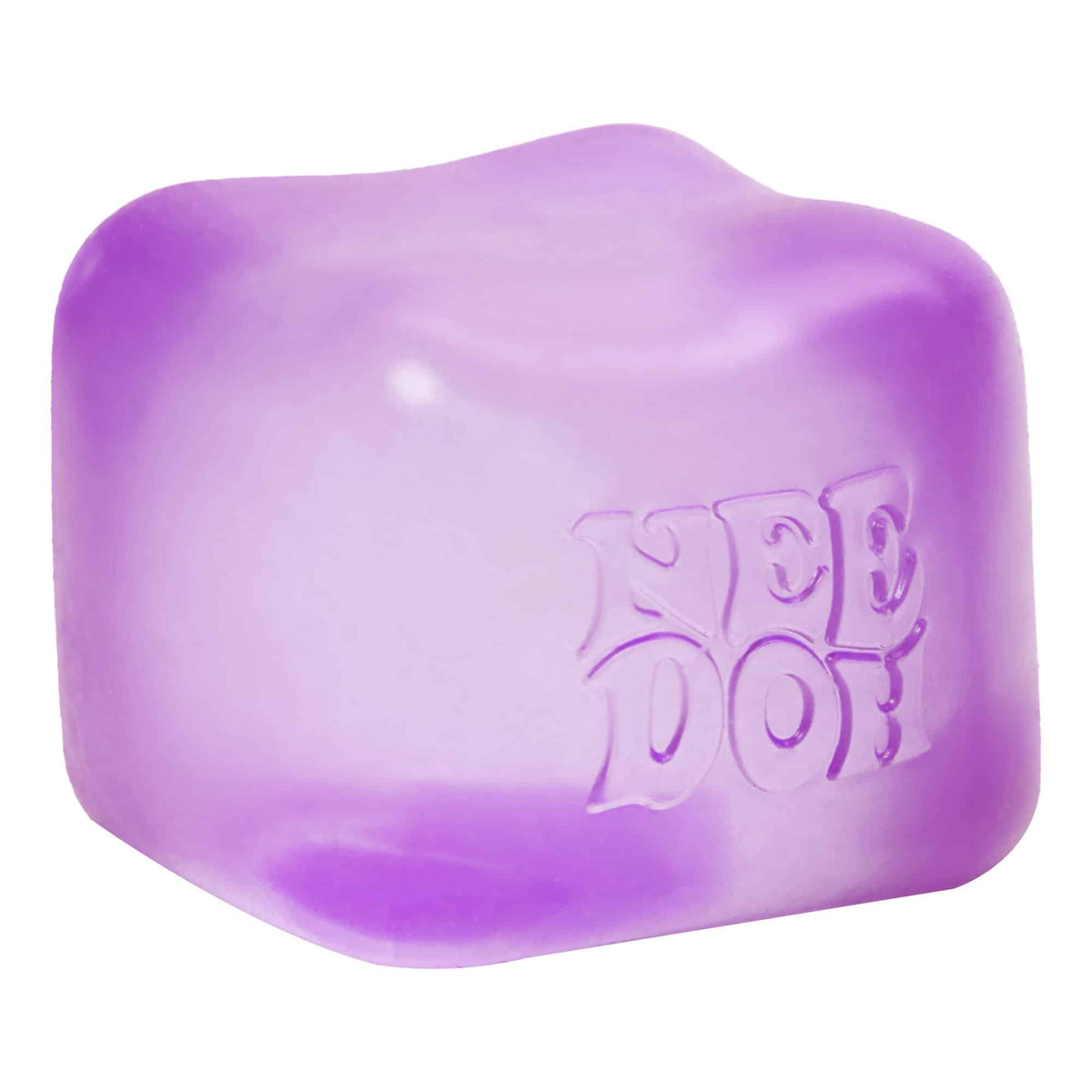 Purple semi-transparent square NeeDoh Nice Cube stress ball with goo filling