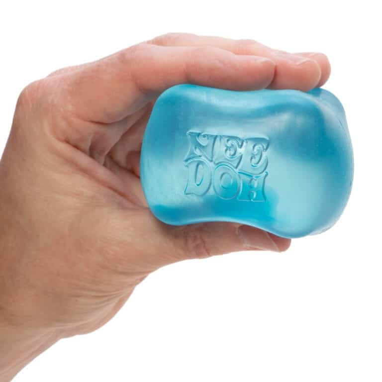 Blue semi-transparent square NeeDoh Nice Cube stress reliever with goo filling