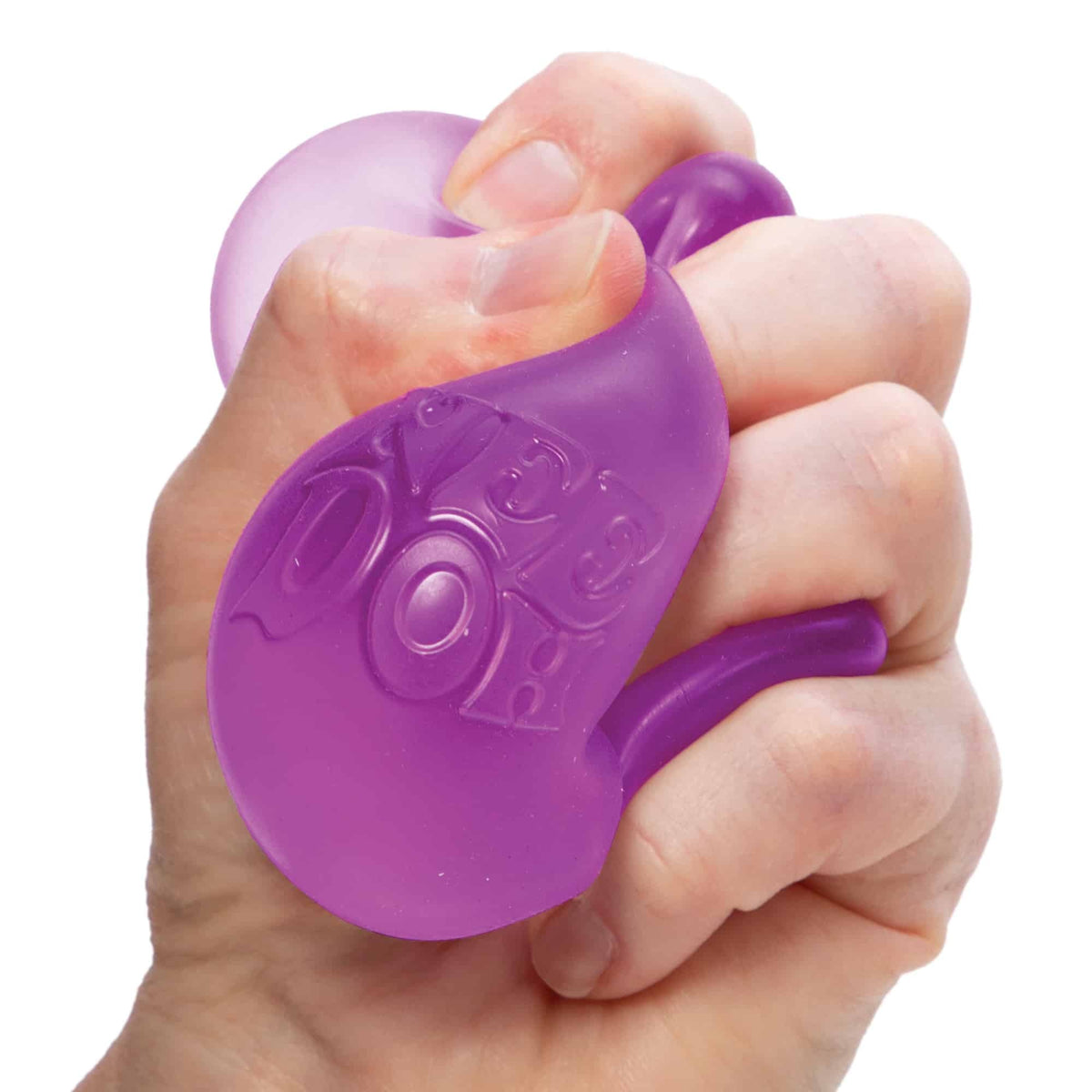Semi-transparent purple square NeeDoh Nice Cube stress reliever with soft goo filling.