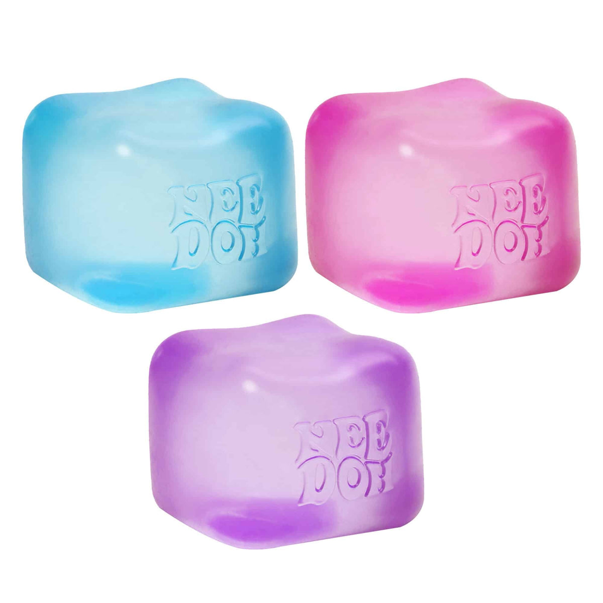 Semi-transparent ice-like square NeeDoh cube with groovy goo filling.