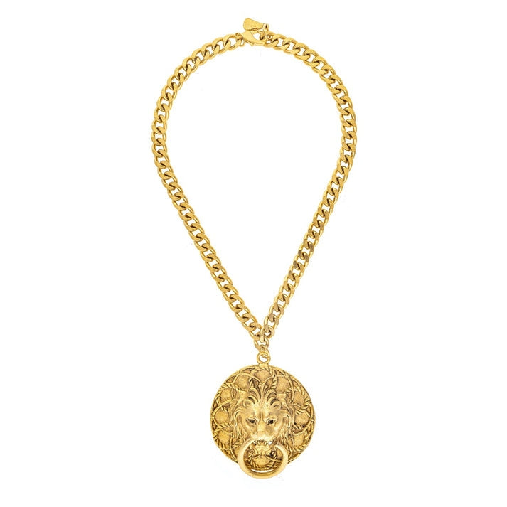Leonardo Ornate Lion Head Gold Medallion Necklace with a chunky curb-link chain.
