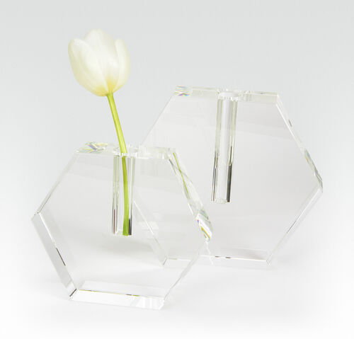 Small hexagonal flat bud vase made of clear crystal glass with a minimalist silhouette.