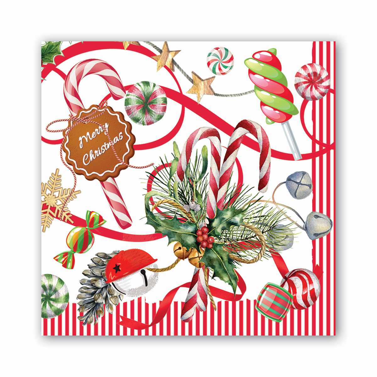 Folded holiday luncheon napkin with a festive seasonal pattern.