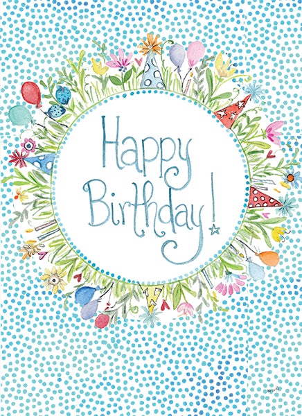 Watercolor Happy Birthday greeting card with a floral wreath, party hats, and balloons.
