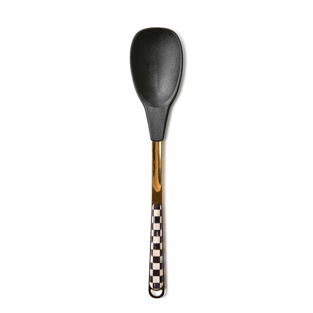 Courtly Check Spoon with black silicone head, gold-tone neck, and checkered handle.