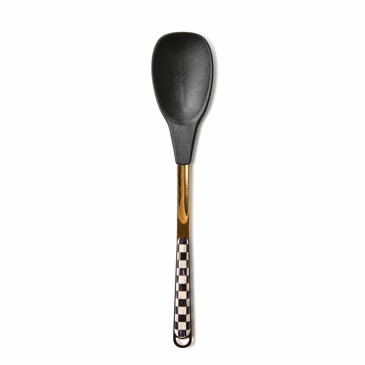 Courtly Check Spoon with black silicone head, gold-tone neck, and checkered handle.