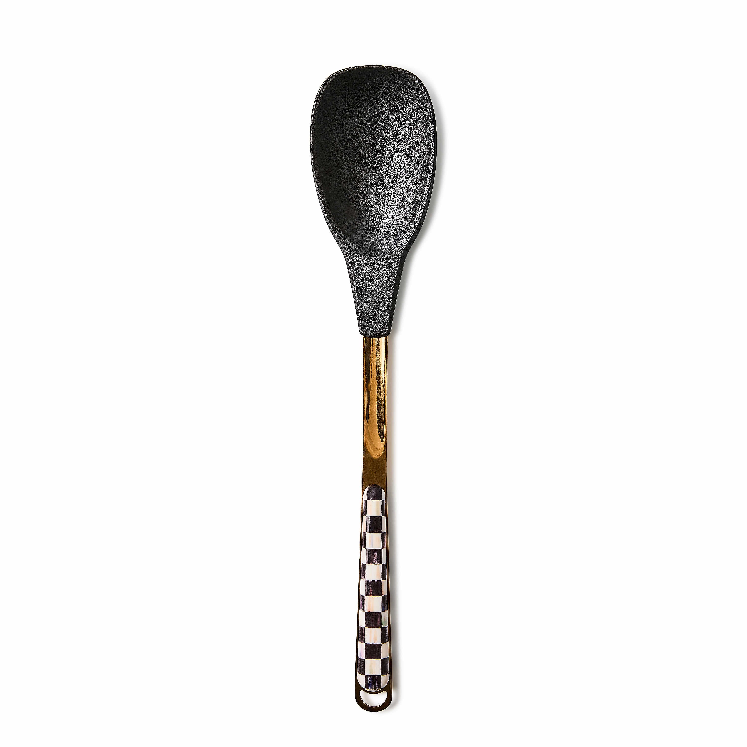 Courtly Check Spoon with black silicone head, gold-tone neck, and checkered handle.