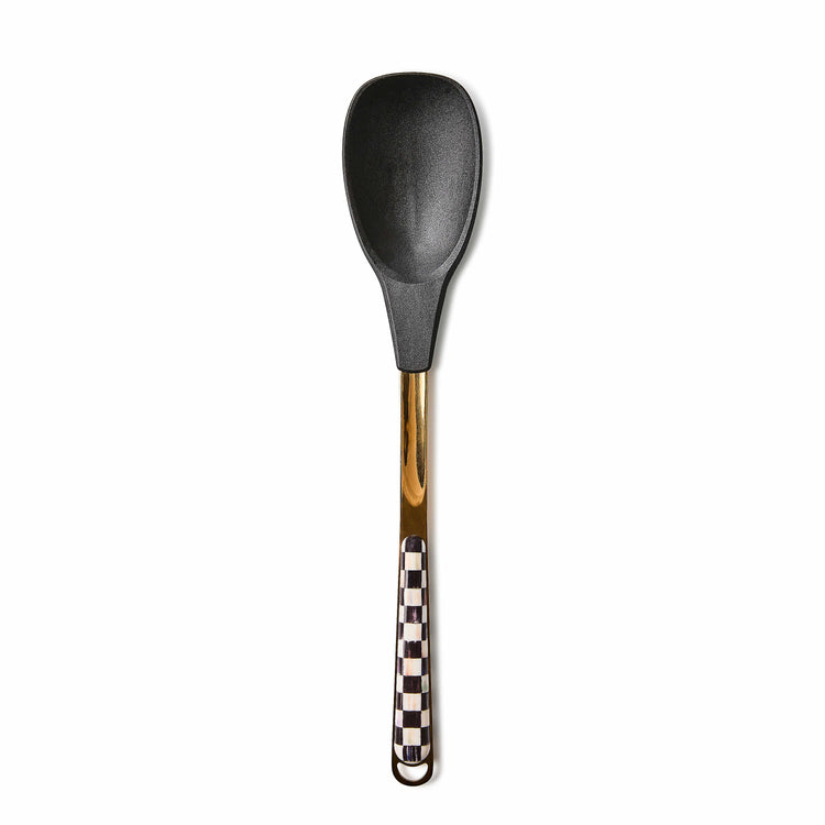 Courtly Check Spoon with black silicone head, gold-tone neck, and checkered handle.