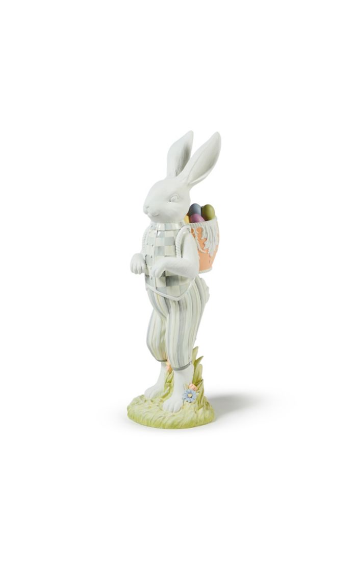 Cameo Tabletop Bunny figurine wearing a checkered vest and carrying a pack of colorful Easter eggs.