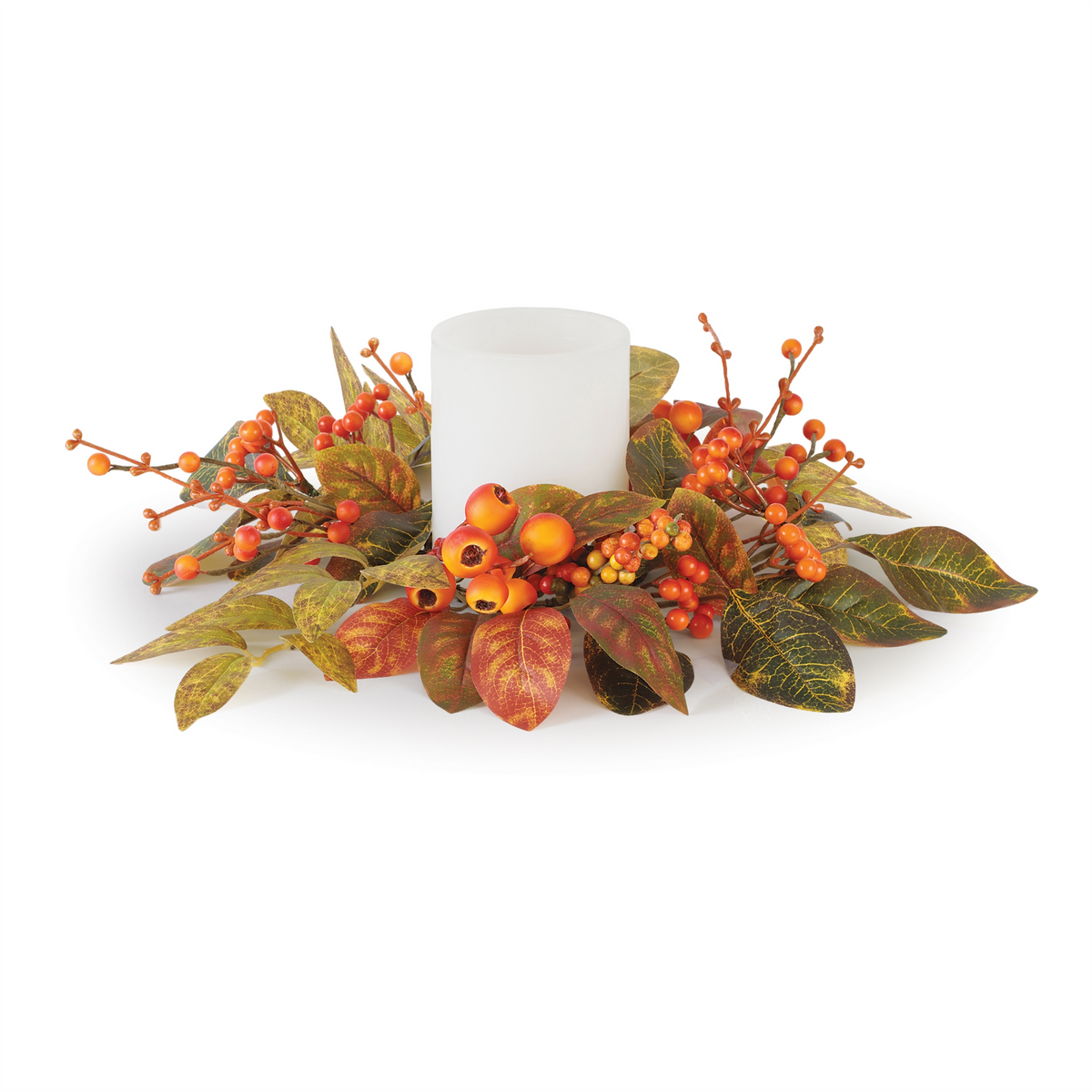 12-inch mixed berry candle ring with autumn leaves and orange berries surrounding a white candle.
