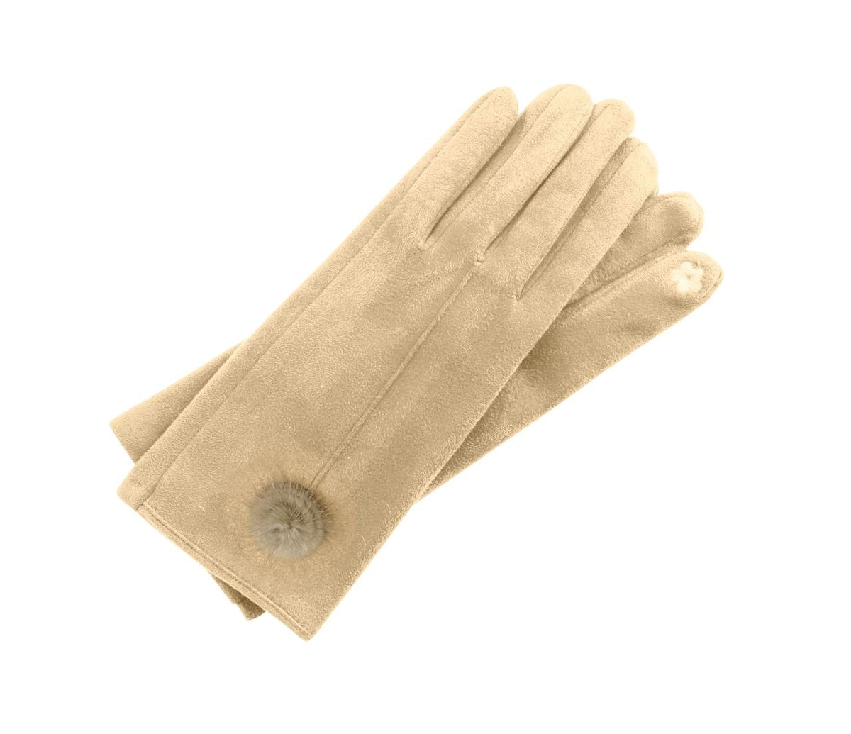 Black Ultrasuede touchscreen gloves with a fur ball detail on the fingertips.