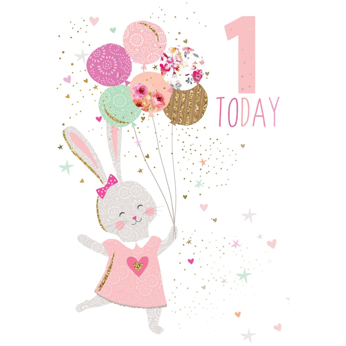 Sara Miller first birthday card featuring a glittery rabbit with foil text reading 'Happy Birthday' and inside message.