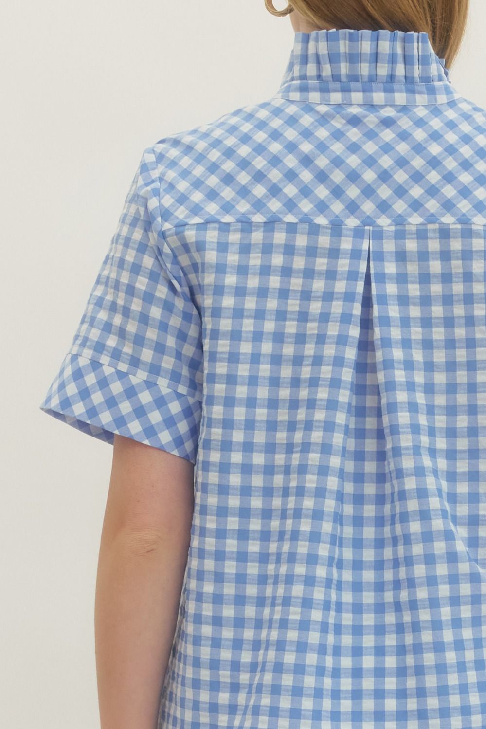 Natalie gingham short sleeve top with stand collar V-neck in lightweight cotton.
