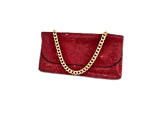 A red rhinestone chainmail clutch featuring a chunky gold-tone chain strap.