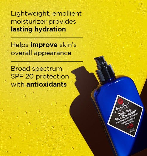 Jack Black 8.5oz Double-Duty Face Moisturizer SPF 20 bottle on a yellow background with water drops.