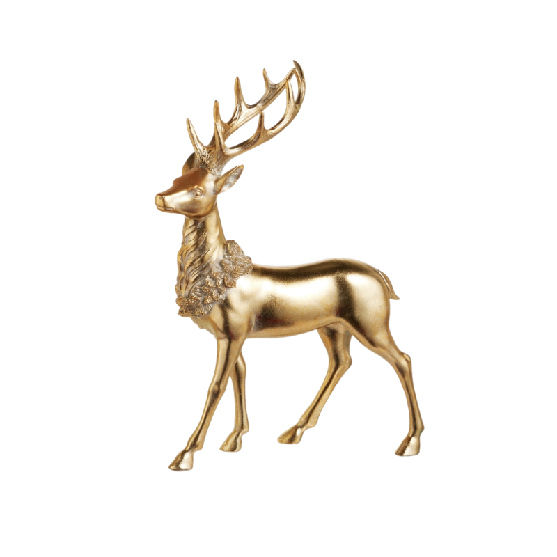 Standing gold deer figurine with sculpted antlers and a wreath around its neck.
