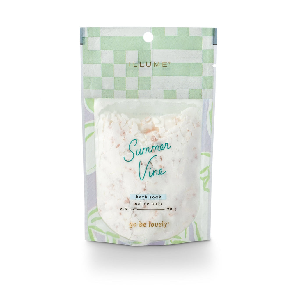 Rose botanical bath soak packet in a clear pouch with white contents.