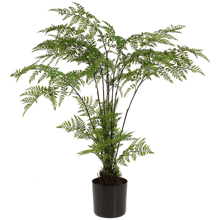Artificial fern in a cement pot with green plastic leaves measuring 26 inches tall.