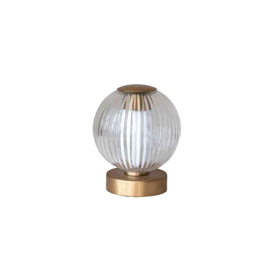 Glass and metal pleated LED table lamp with touch sensor in kraft packaging