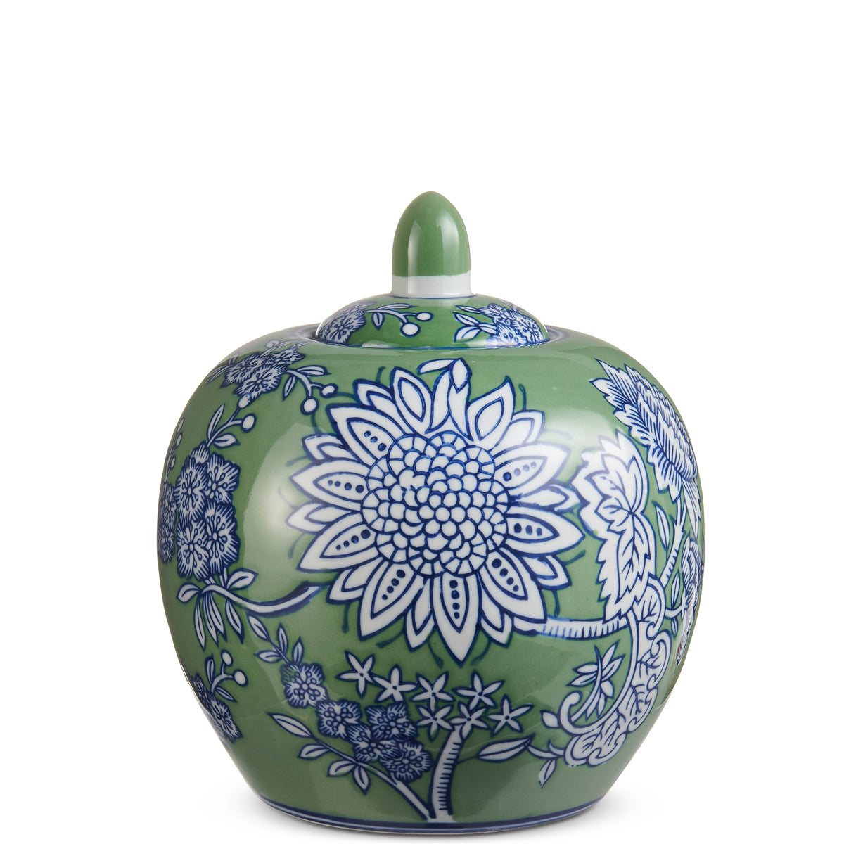 8.5-inch green clay jar with blue floral pattern