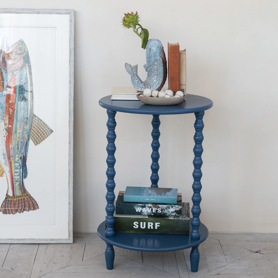 Wood Table With Shelf & Turned Legs - Blue