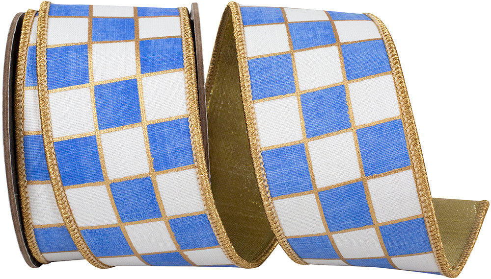 Blue and white checkered wired edge ribbon with gold metallic outlines and backing.