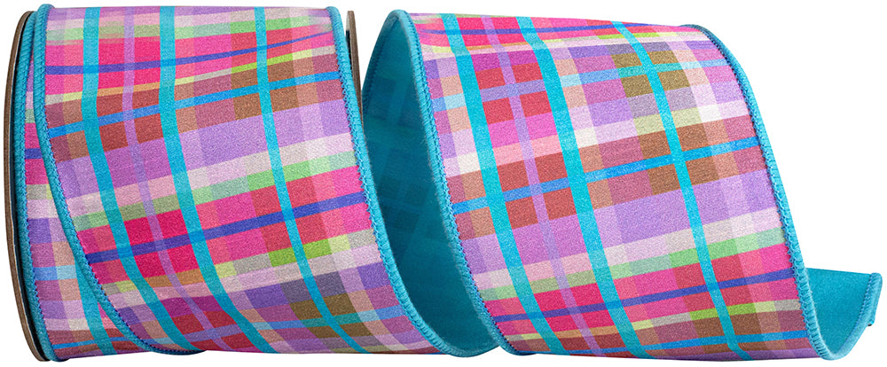4 inch wide bright plaid ribbon with a deluxe turquoise backing and wired edges.