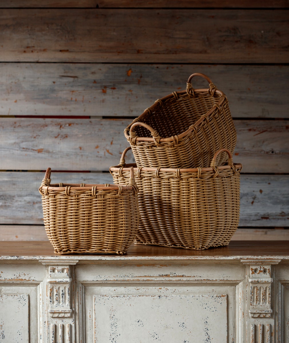 Poly weave produce basket in natural tan with a rectangular silhouette.