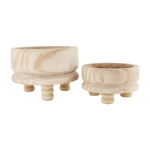 Wooden footed bowl set in natural finish with small and large sizes.
