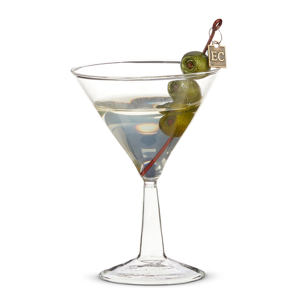 Glass martini ornament with three green olives on a pick featuring an EC charm.