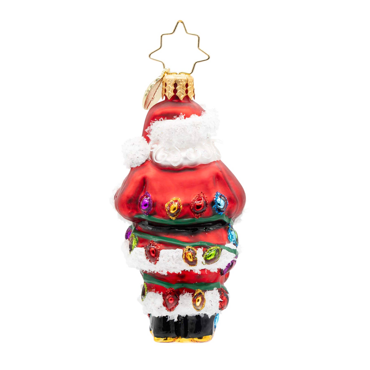 Glass Santa Claus ornament wrapped in a string of colorful Christmas lights with glitter accents.