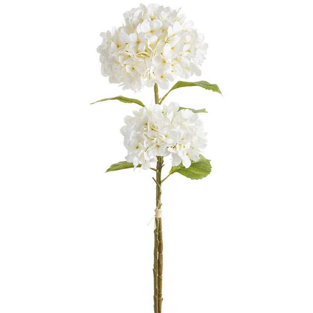 Artificial hydrangea bundle with polyester stems in a natural green wire frame.