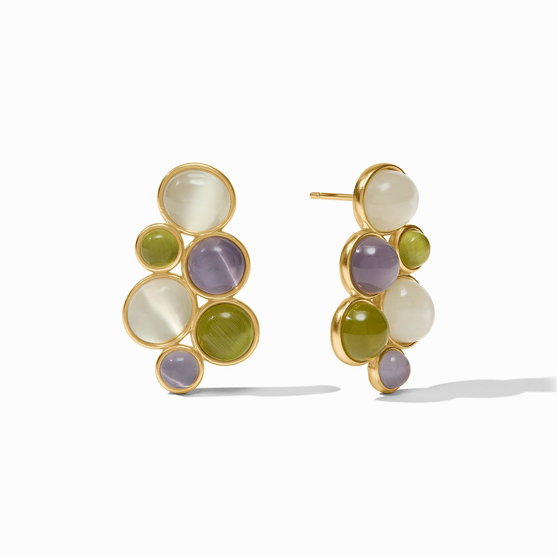Cobblestone Statement Earrings in 24K gold plate with white, green, and purple glass stones.