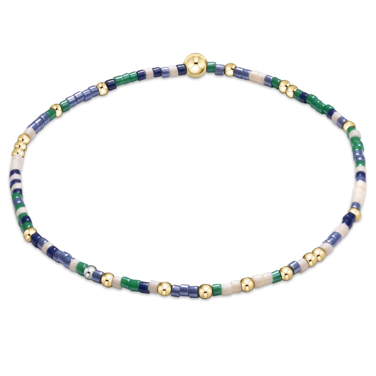 Hope Unwritten bracelet featuring mixed seed beads in various colors with gold-filled accents on elastic cord.