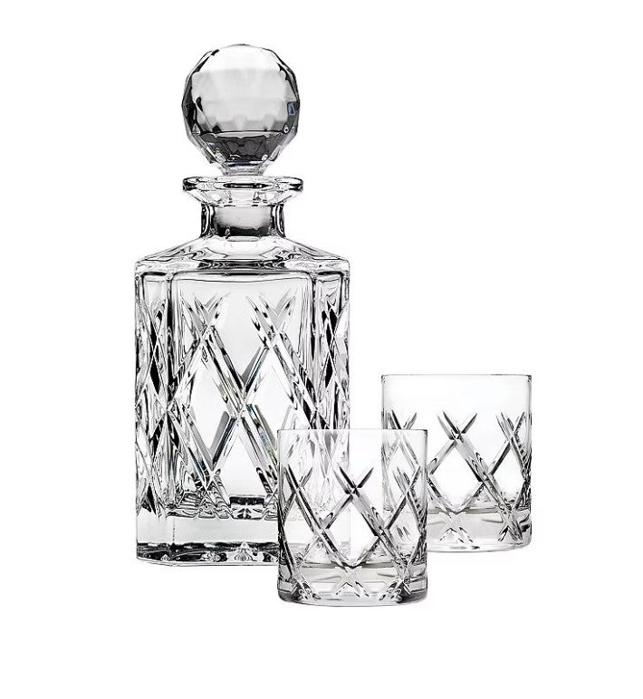 Bevel Whiskey Set featuring a lead crystal decanter and two double old fashioned glasses.