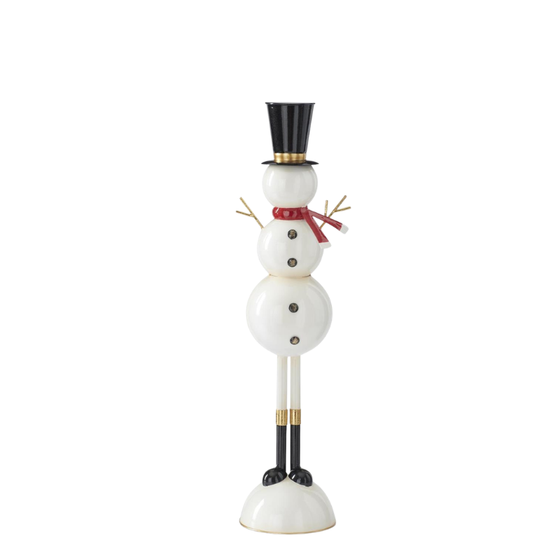 Tall metal snowman figurine with a black top hat, red scarf, and long legs on a white base.
