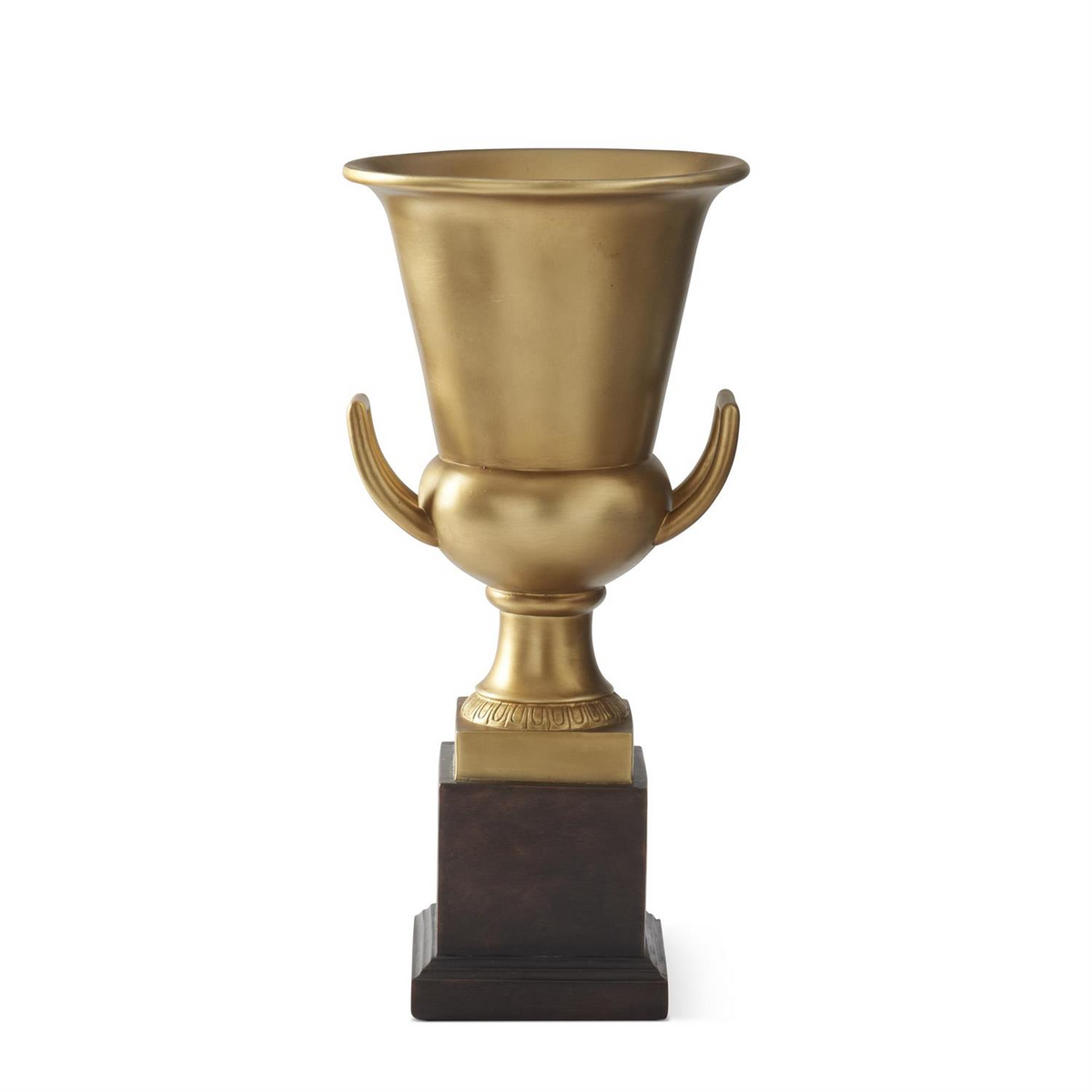 18.5 inch gold resin trophy urn with a flared top, curved handles, and a dark brown square base.