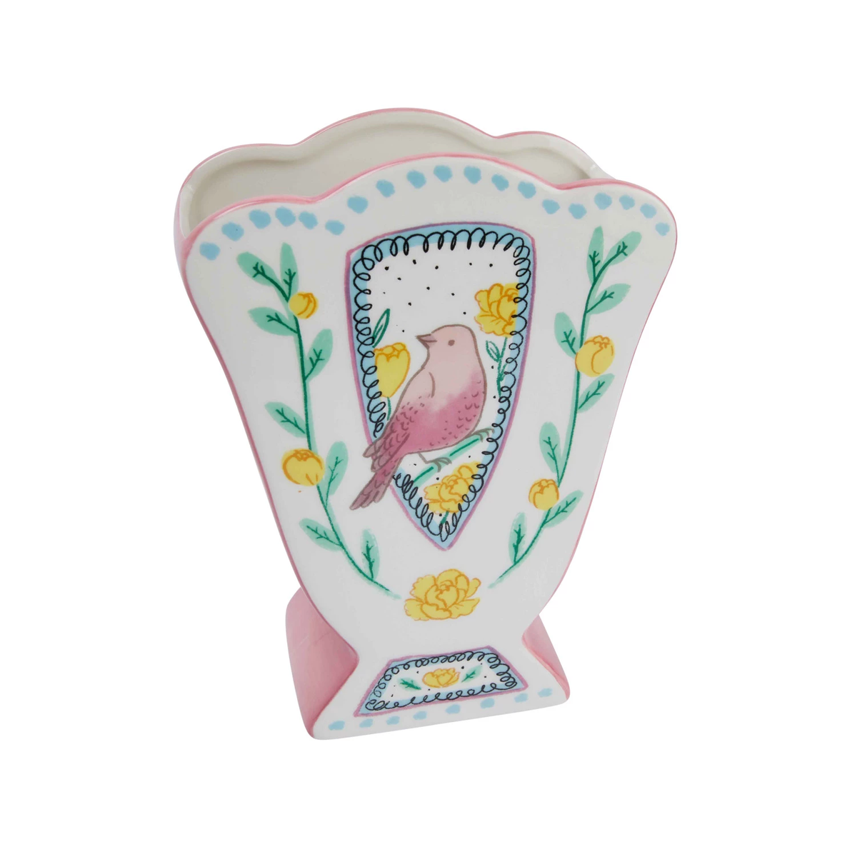 Ceramic fan-shaped dolomite vase with scalloped edge and bird motif.