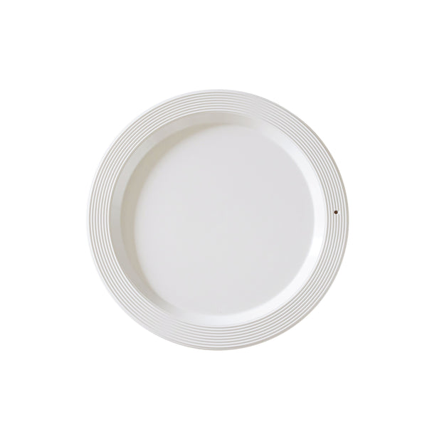 White Pinstripes Melamine Round Platter with a textured rim.
