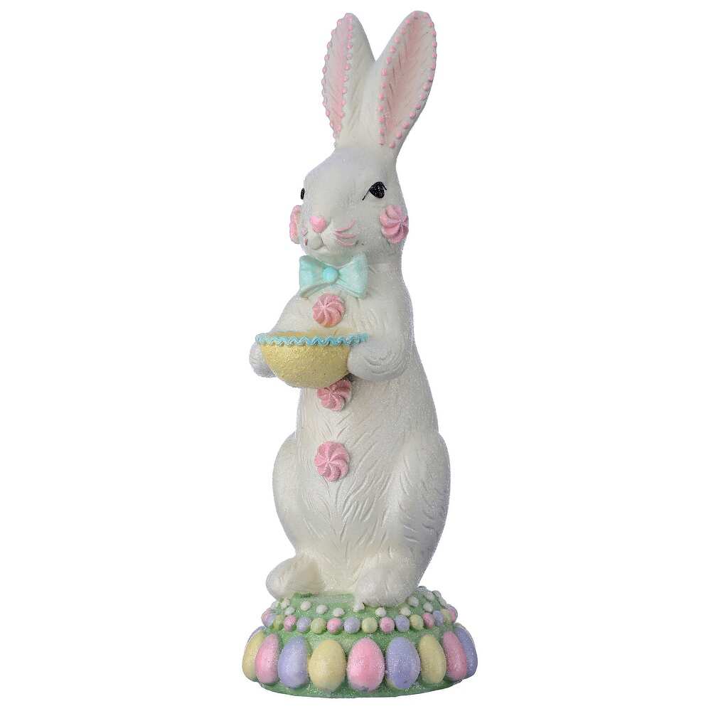 Eighteen-inch resin bunny figurine with sugared finish on a pedestal stand