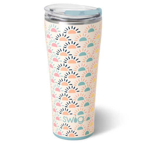 32oz stainless steel tumbler with a cream background and a repeating sun pattern in pastel colors.