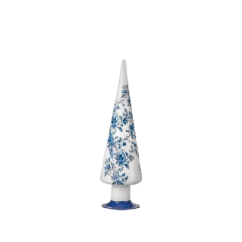 Conical white glass tree with blue floral patterns on a small blue base.