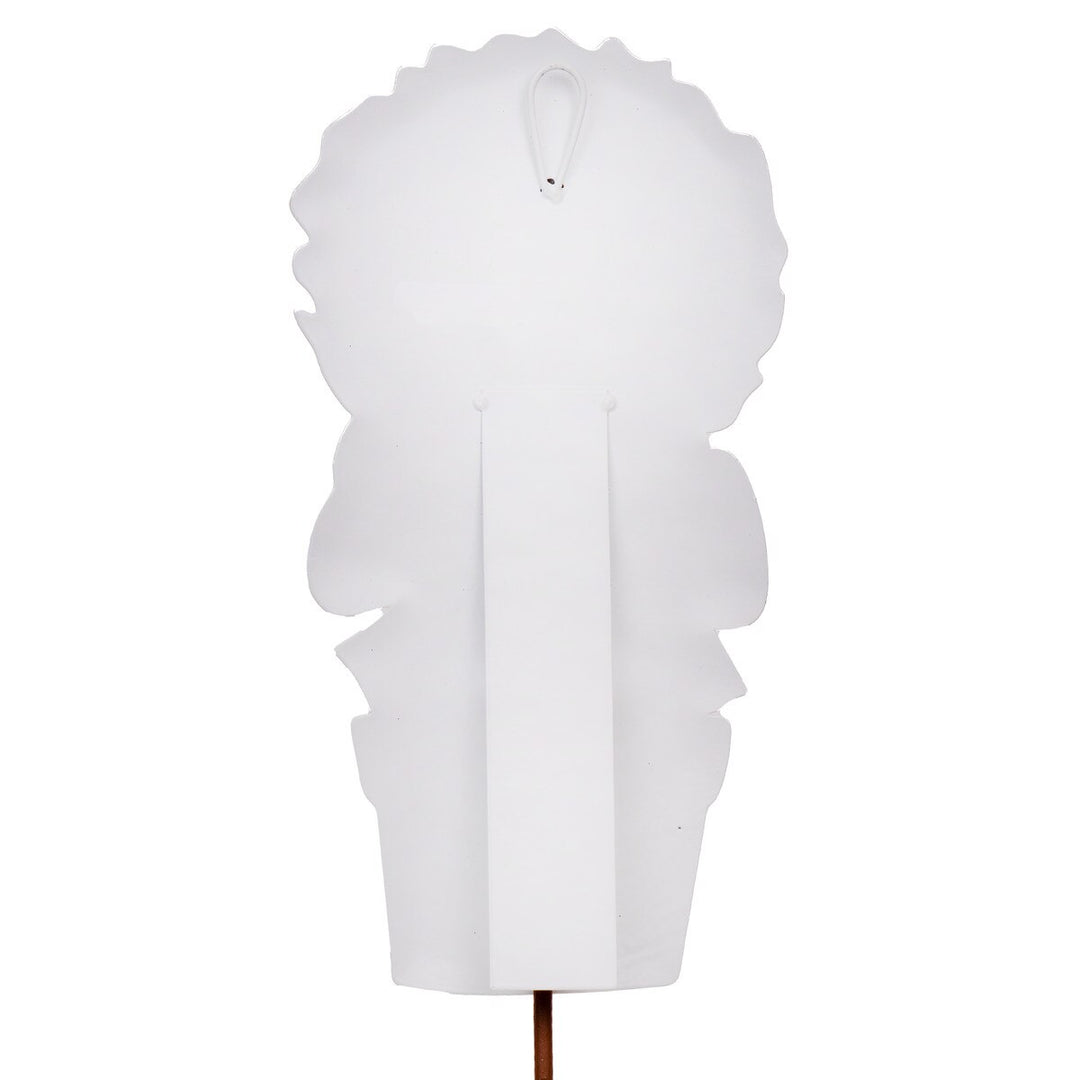 Back view of a white metal topiary decoration showing a hanging loop, easel stand, and garden stake.