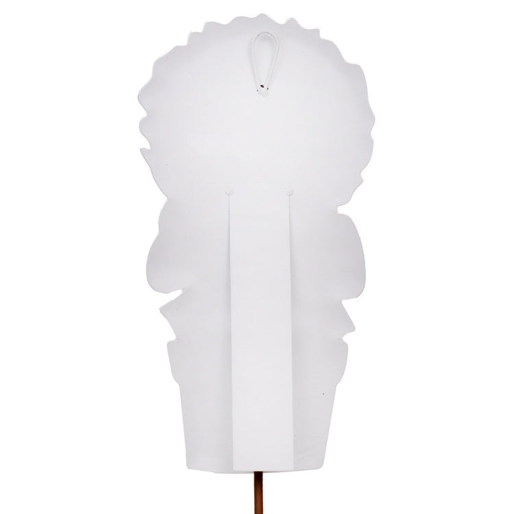 Back view of a white metal topiary decoration showing a hanging loop, easel stand, and garden stake.