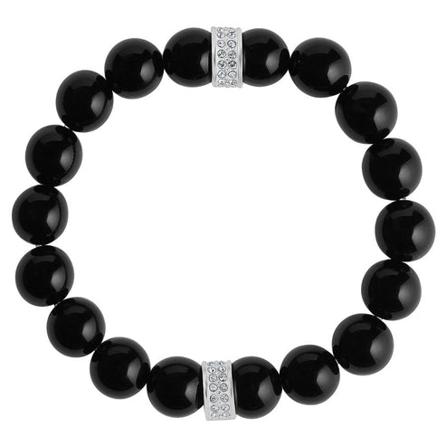 Blue stretch bracelet with bold beads, two Meridian stations, hand-set pave crystals on silver plated finish.