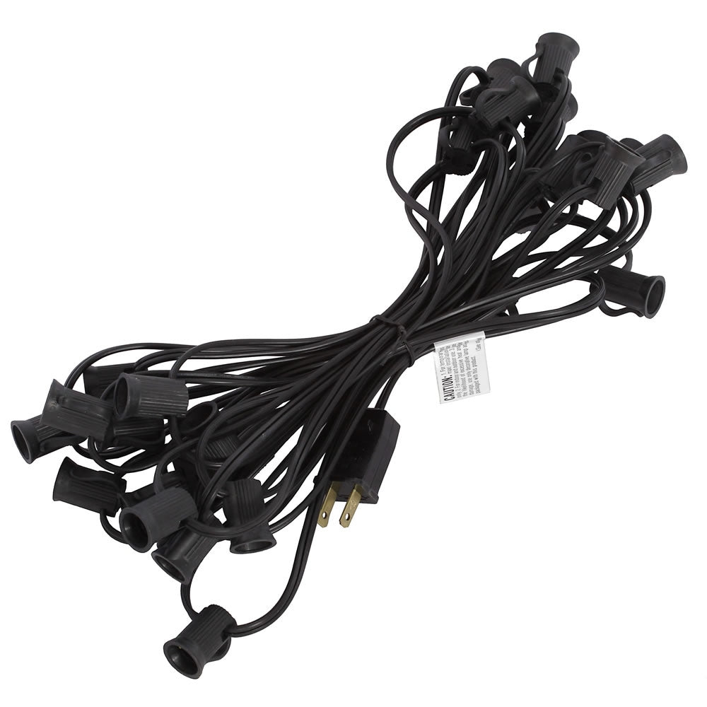 25-foot black C7 socket string with 25 sockets on 18-gauge SPT1 wire and a two-prong plug.