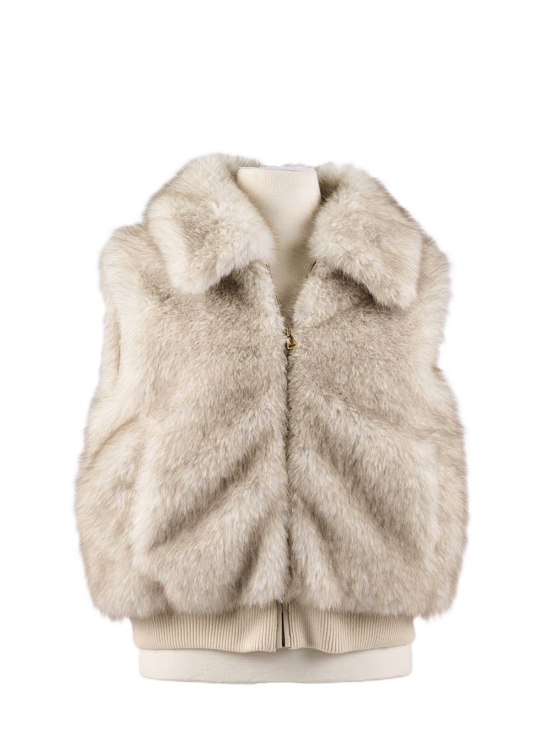 Jenny Fur Bomber Zip Up Vest in cream with a statement collar and rib-knit waistband.