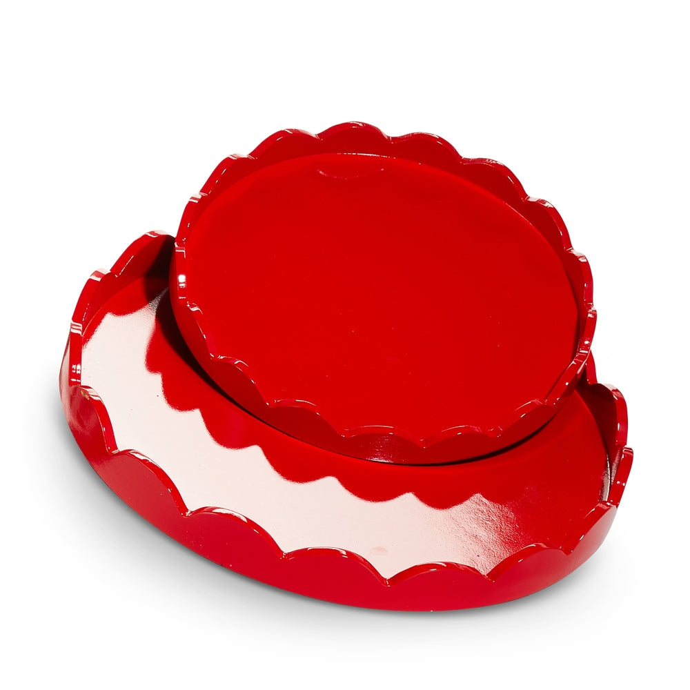 Round red scalloped MDF tray with a large diameter.