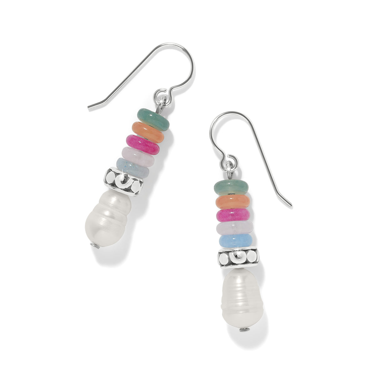 Vertigo Hues French wire earrings with silver-plated beads, colorful dyed jade, and glass pearls.